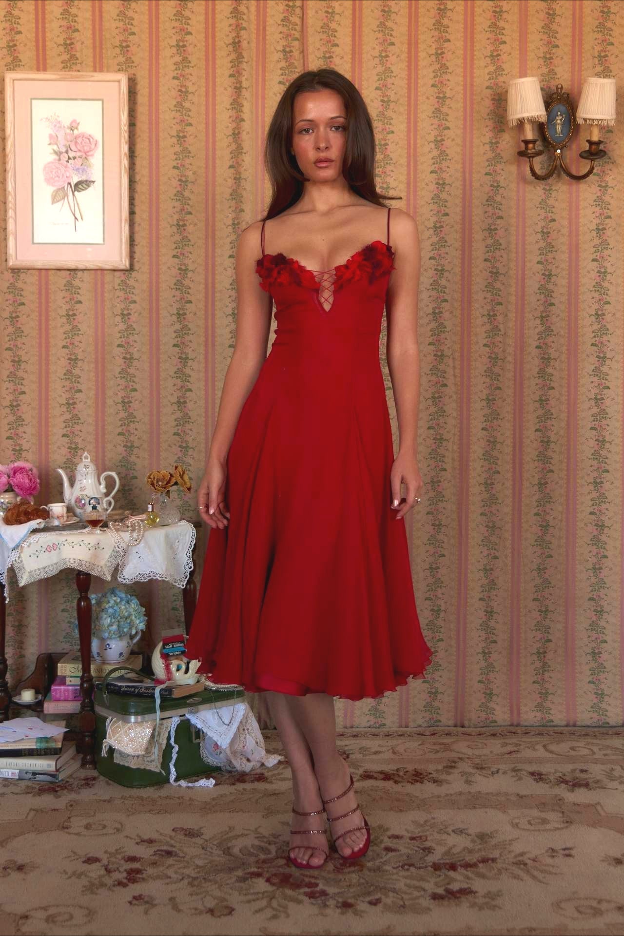 3D Flower Deep V Patchwork Spaghetti Strap Romantic Midi Dress