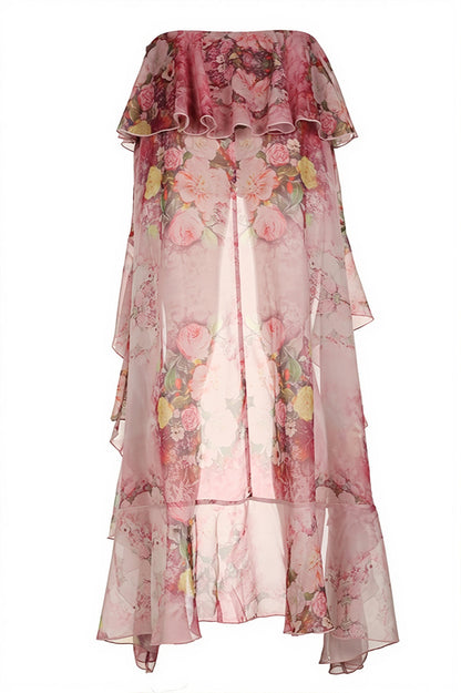 Chic Floral Print Double Ruffle Asymmetric Skirt