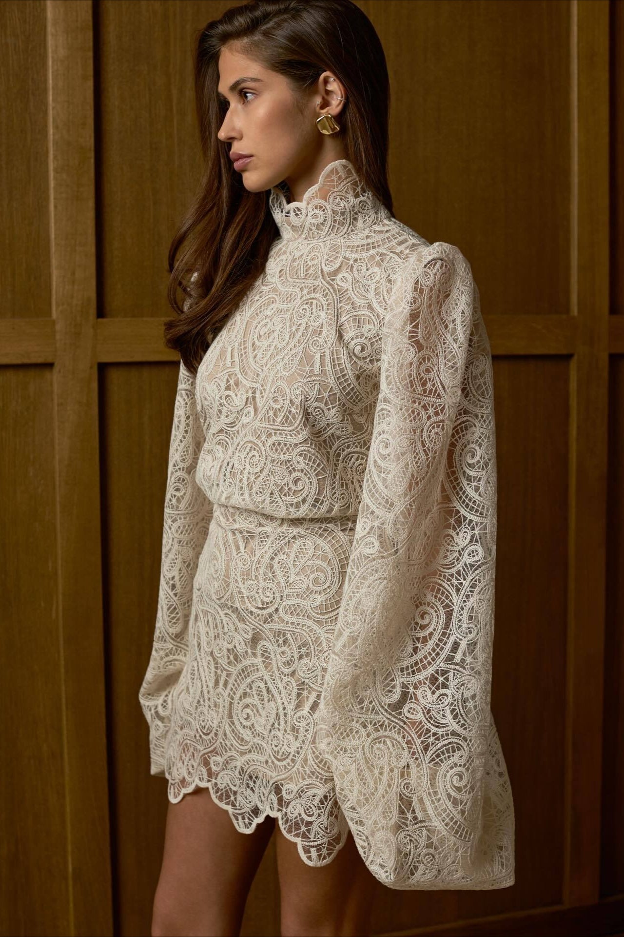 Lantern Sleeve High Collar Lace Skirt Set