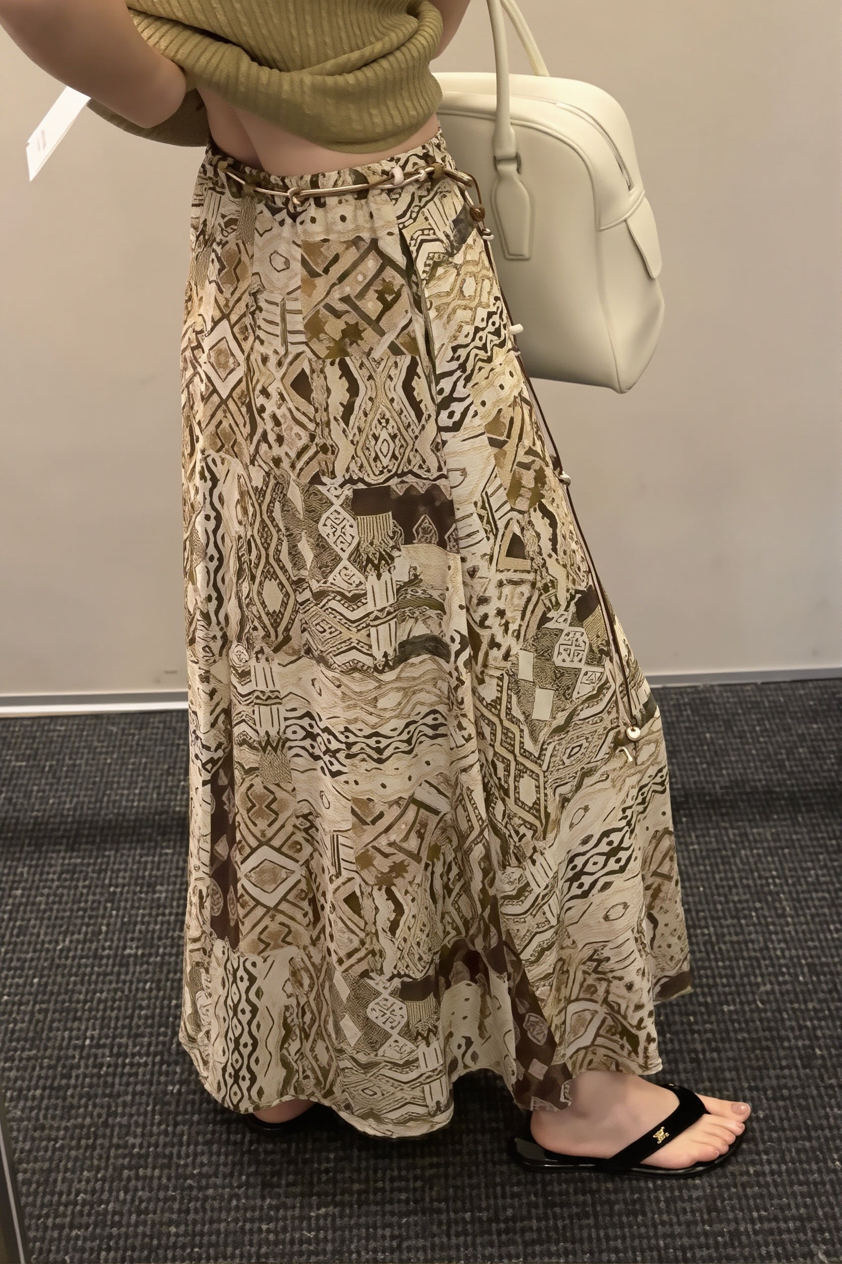 Vintage Print Beaded Belt A Line Maxi Skirt