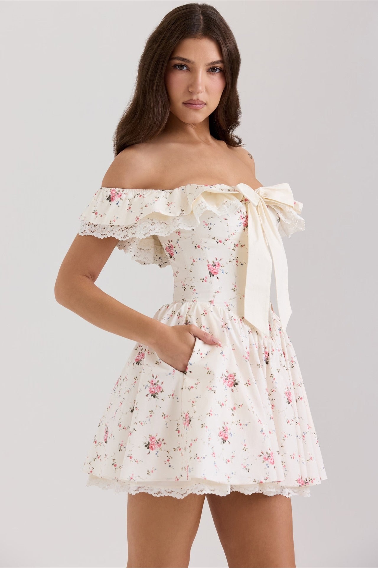 Sweet Floral Bow Off Shoulder Mini Dress