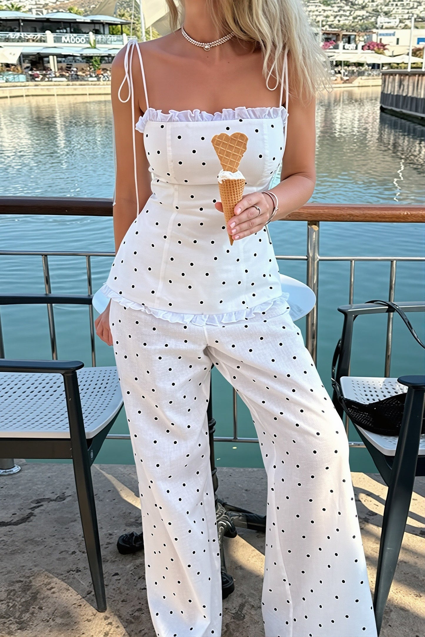 Elegant Polka Dot  Cami Top Straight Pants Two Piece Set
