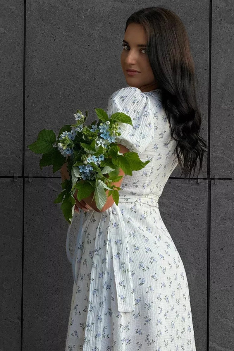 Printed Puff Sleeve Cotton Midi Dress