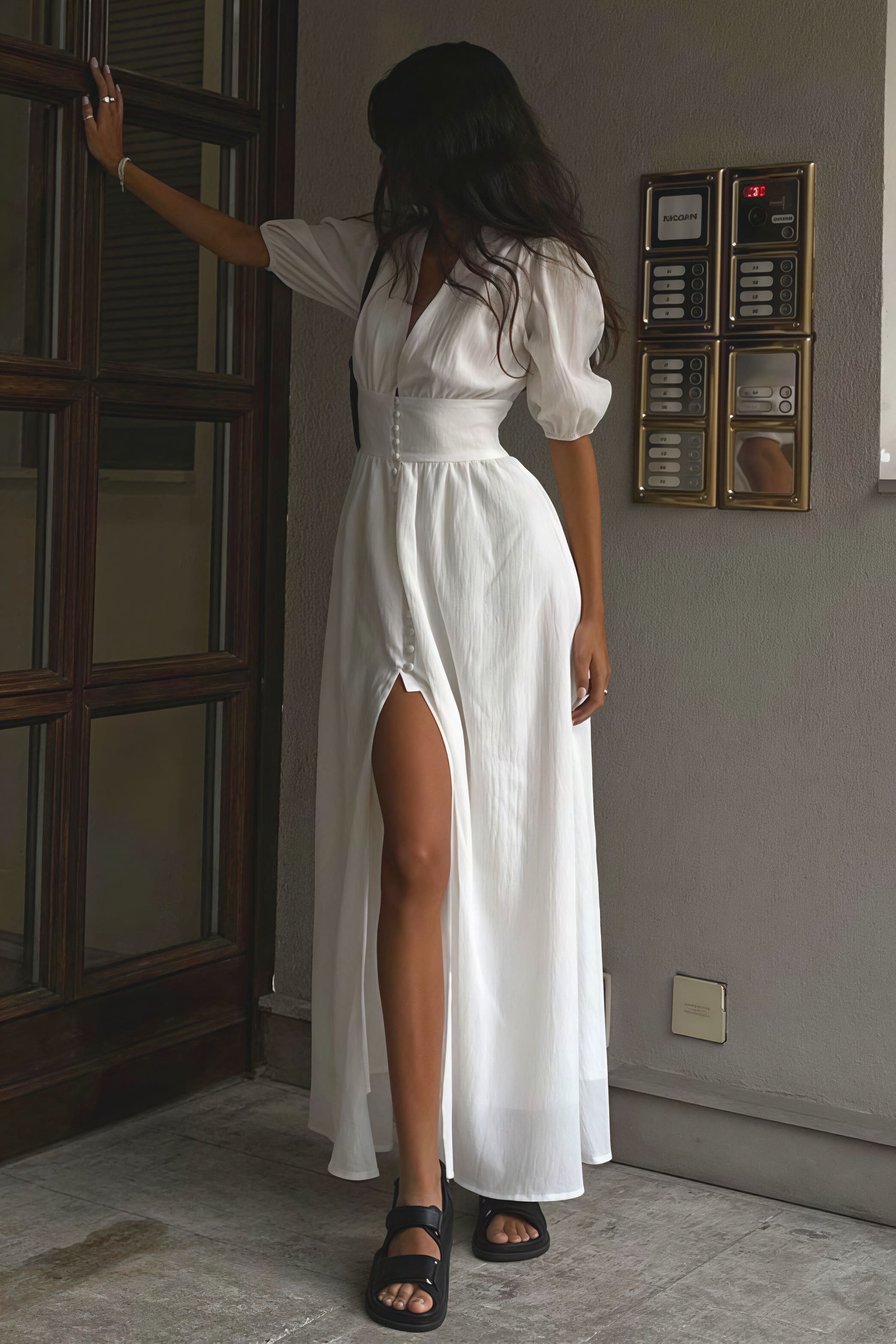 Elegant Puff Sleeve Deep V Slit Midi Dress