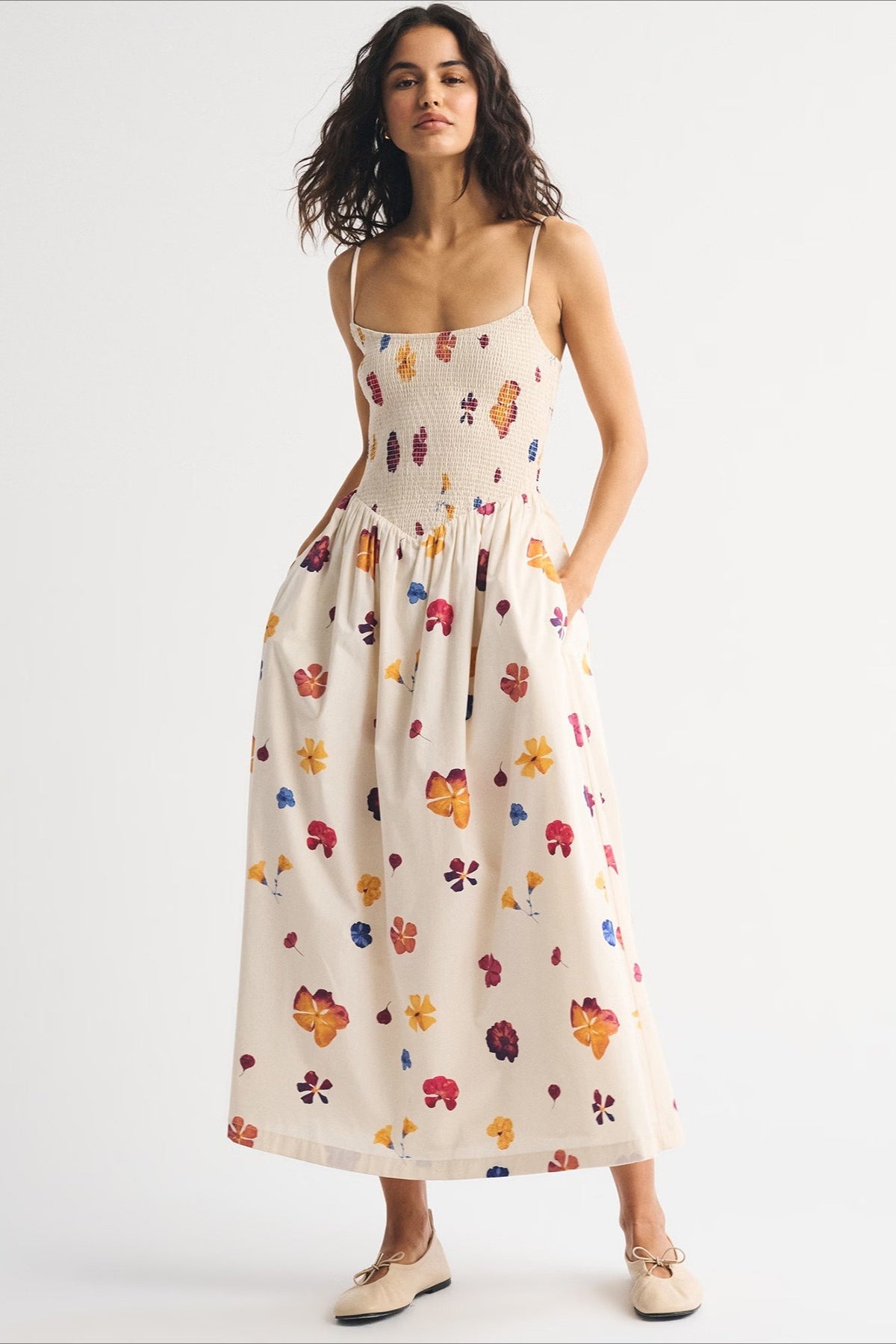 Striped Pocket A-Line Printed Midi Dress