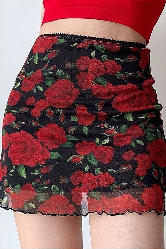 Vintage Printed Mesh Bodycon Mini Skirt
