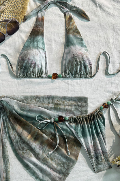 Tie Dye Ombre Beaded Two Piece Bikini Three Piece Swim Sets