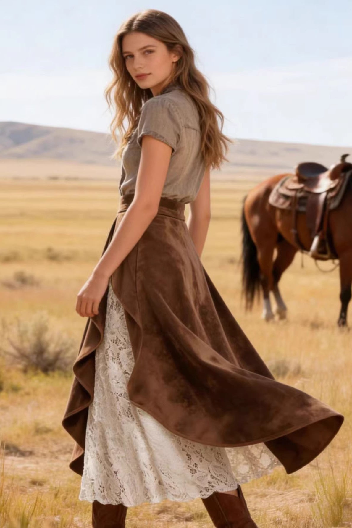 Vintage Suede Lace Panel Midi Skirt