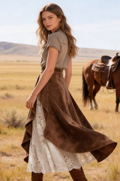 Vintage Suede Lace Panel Midi Skirt