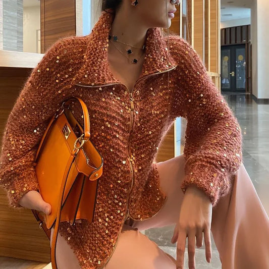 Solid Color Sequin Turtleneck Cardigan