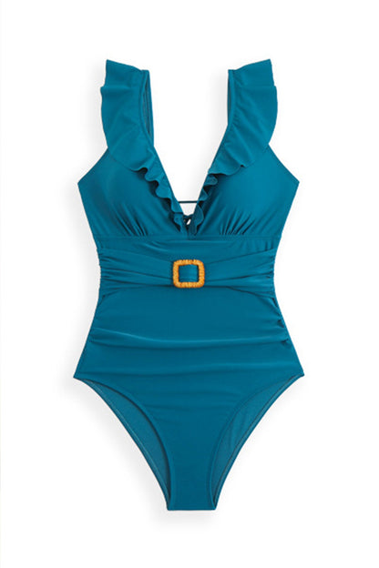 Back-Tie Ruffled Belted One-Piece Swimsuit