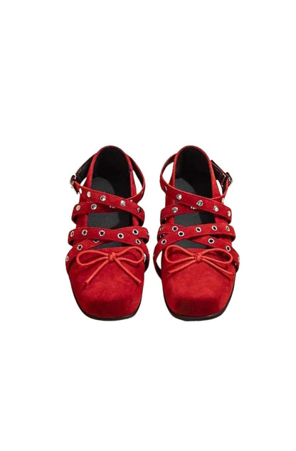 Bowknot Rivet Leather Ballet Flat