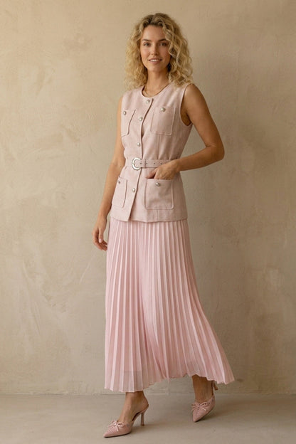 Button-down Tank Top Mesh Pleated Skirt Set