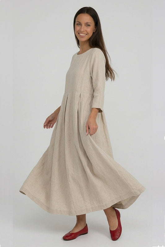 Cotton Linen Long Sleeve Loose Midi Dress