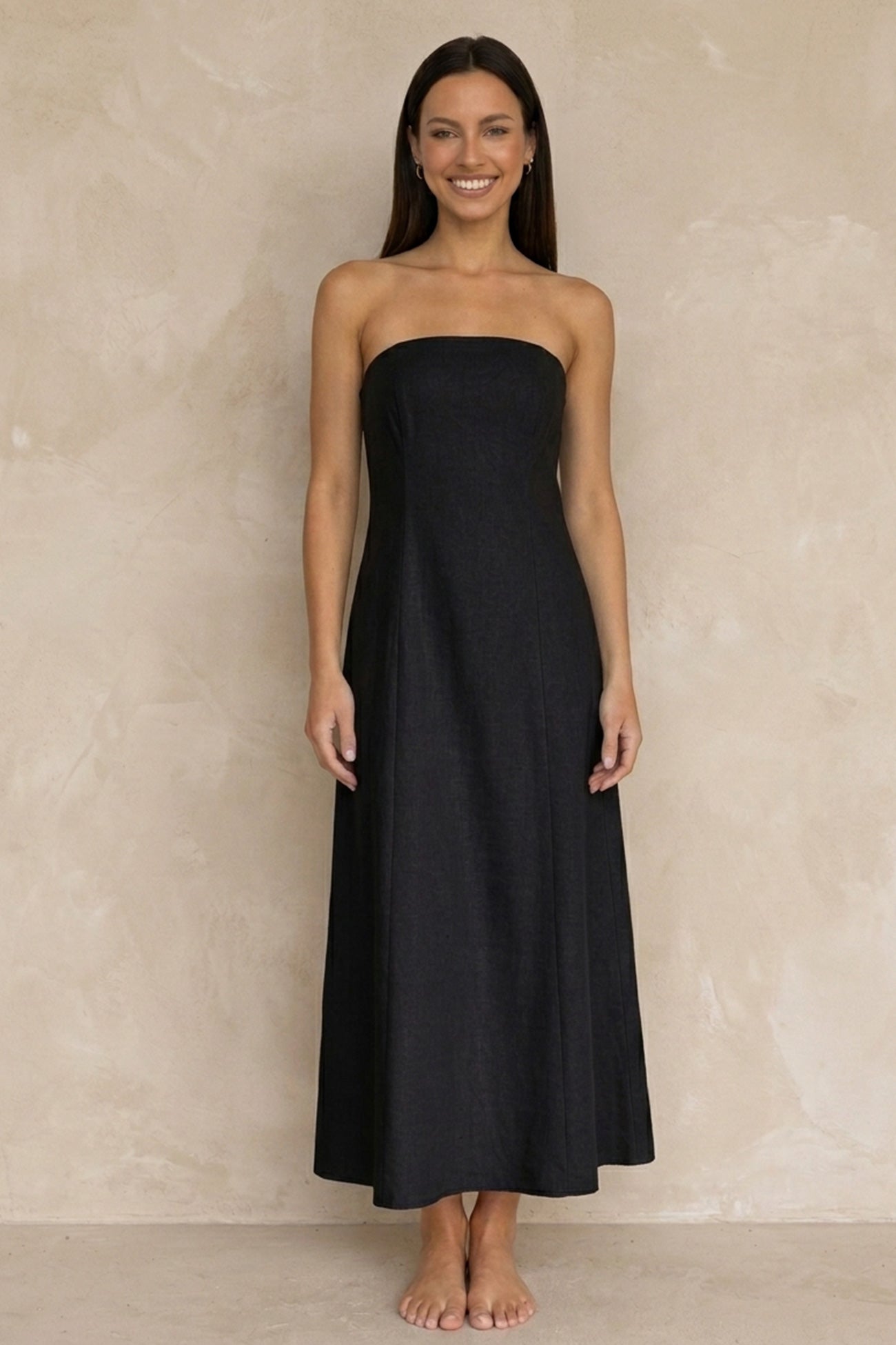 Cotton Linen Smocked Strapless Dress