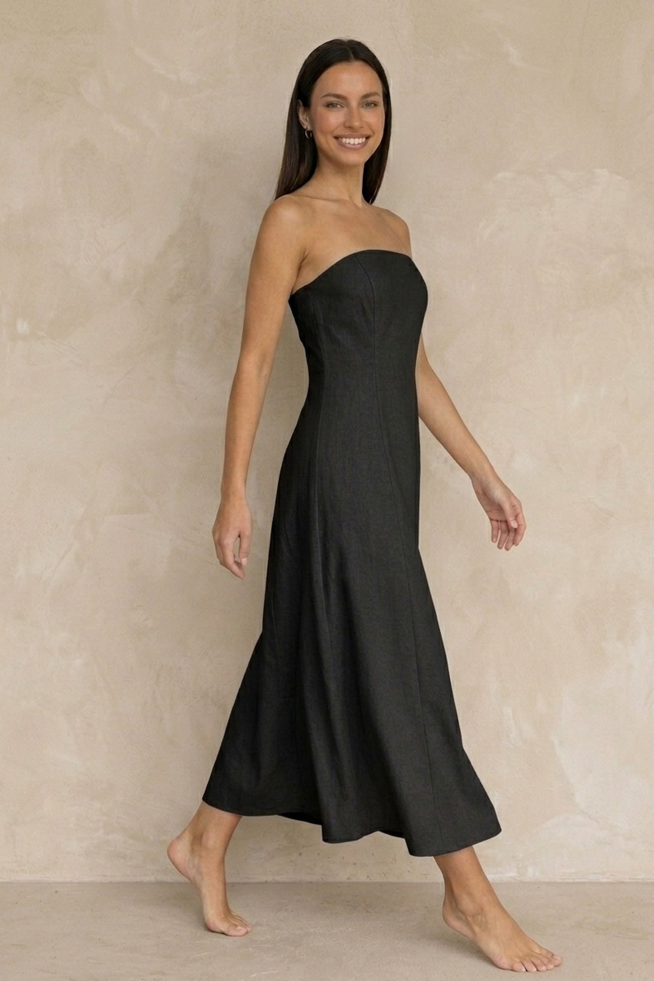 Cotton Linen Smocked Strapless Dress