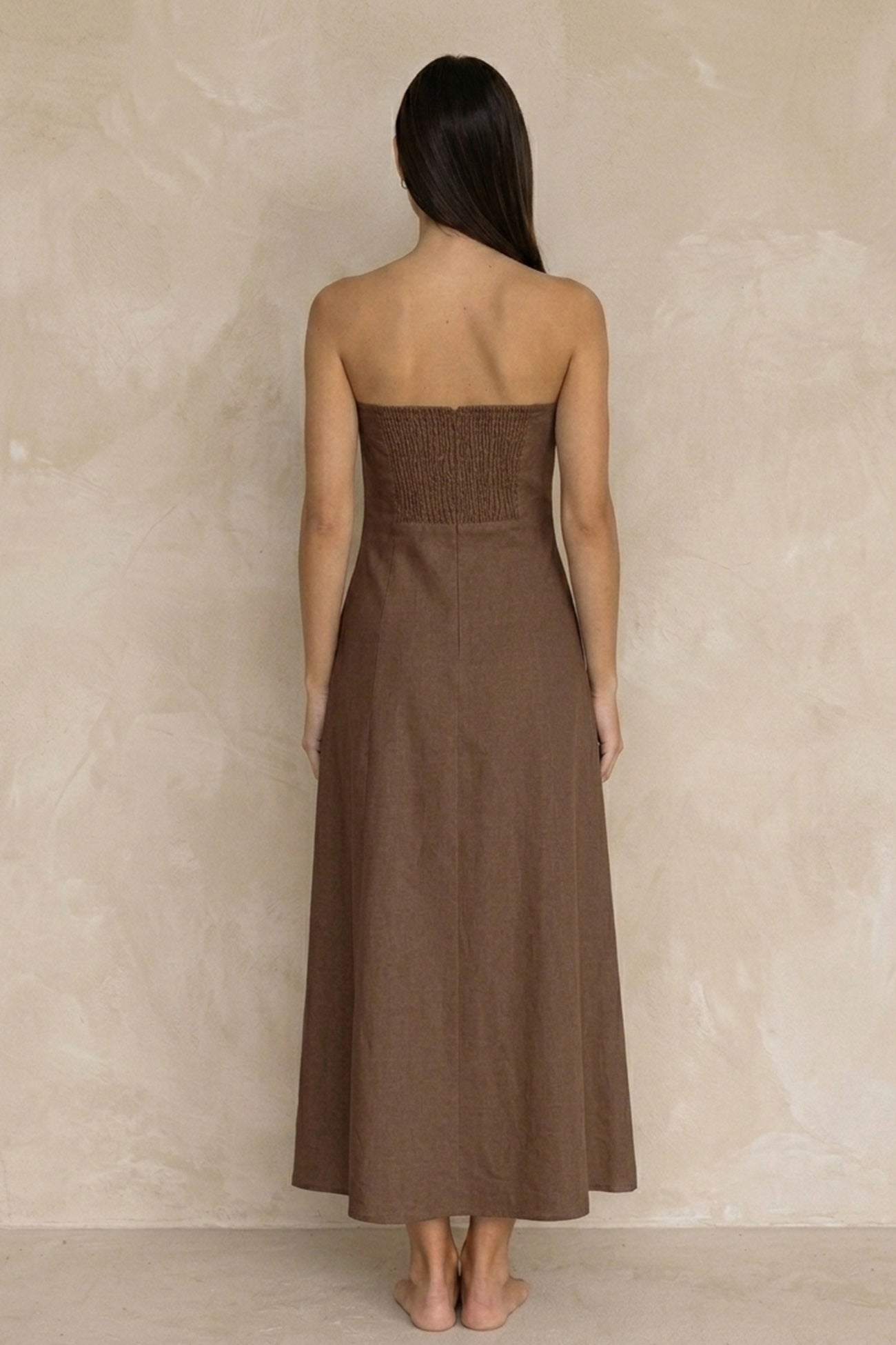 Cotton Linen Smocked Strapless Dress
