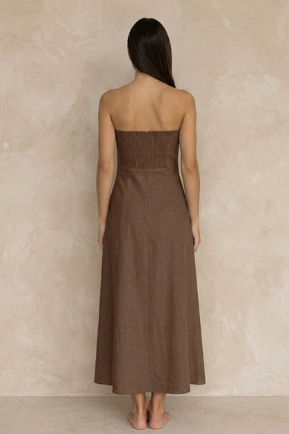 Cotton Linen Smocked Strapless Dress