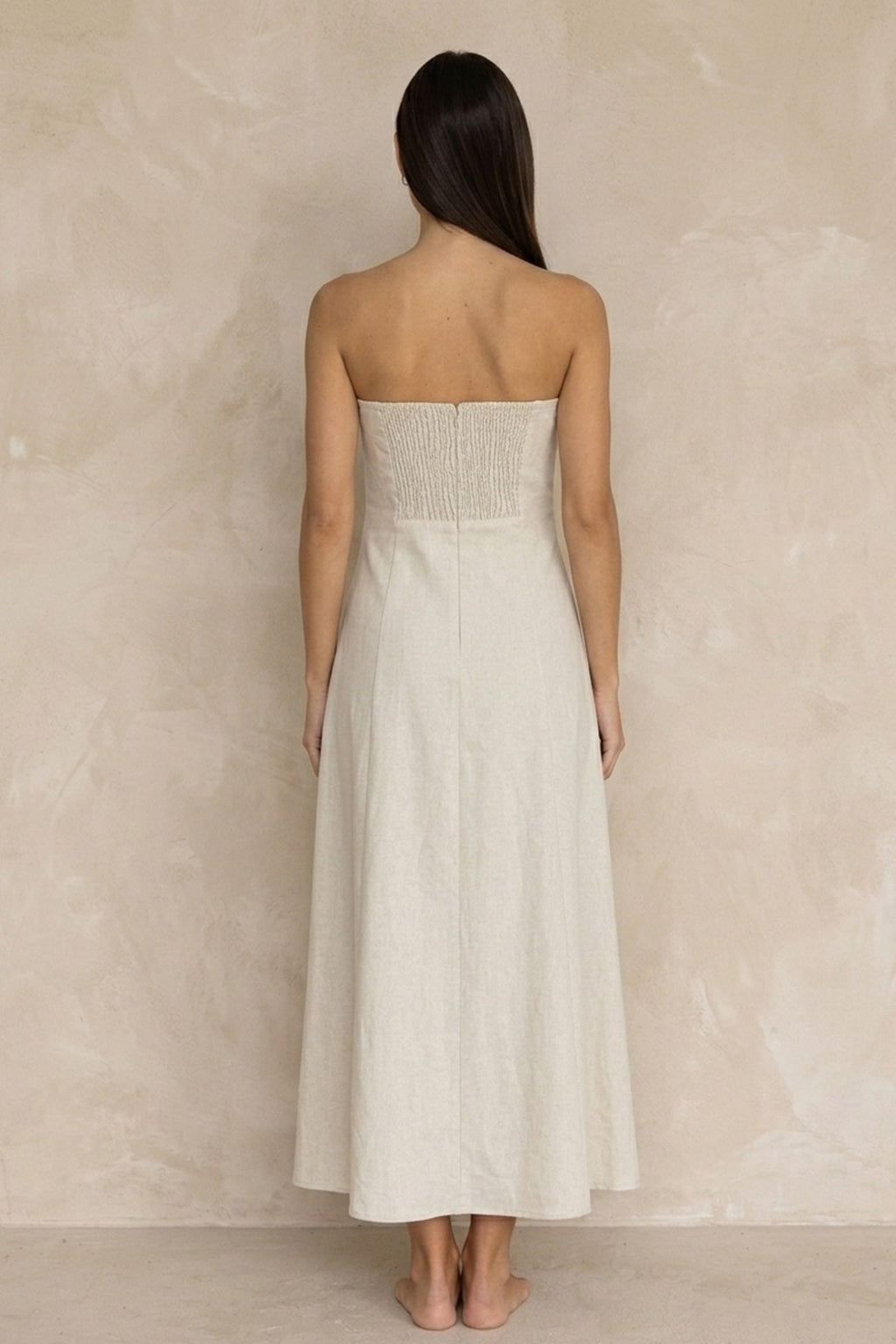 Cotton Linen Smocked Strapless Dress