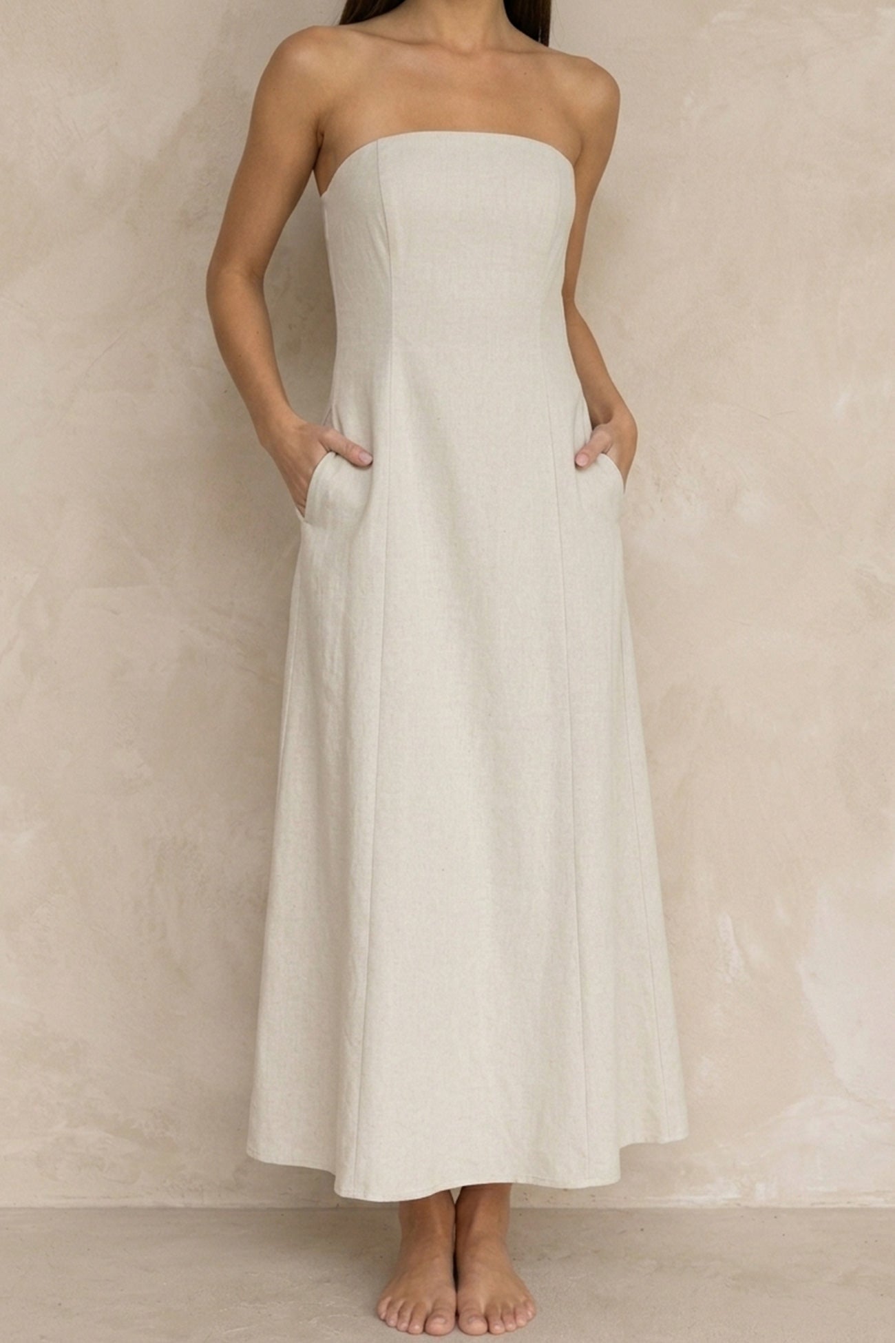 Cotton Linen Smocked Strapless Dress