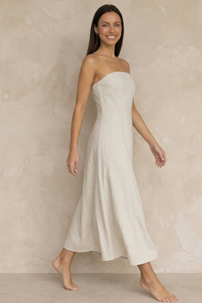 Cotton Linen Smocked Strapless Dress