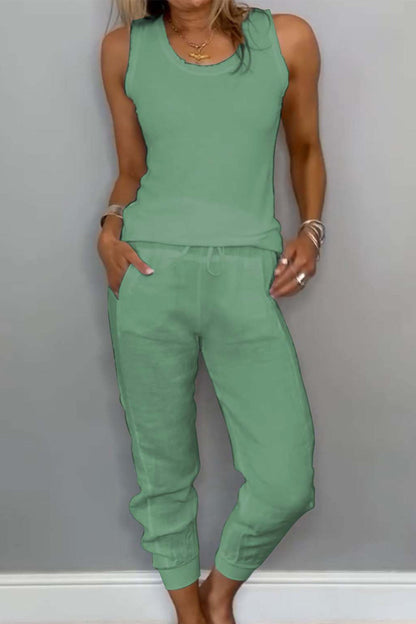Cotton Drawstring Sleeveless Pocket Two Piece Set