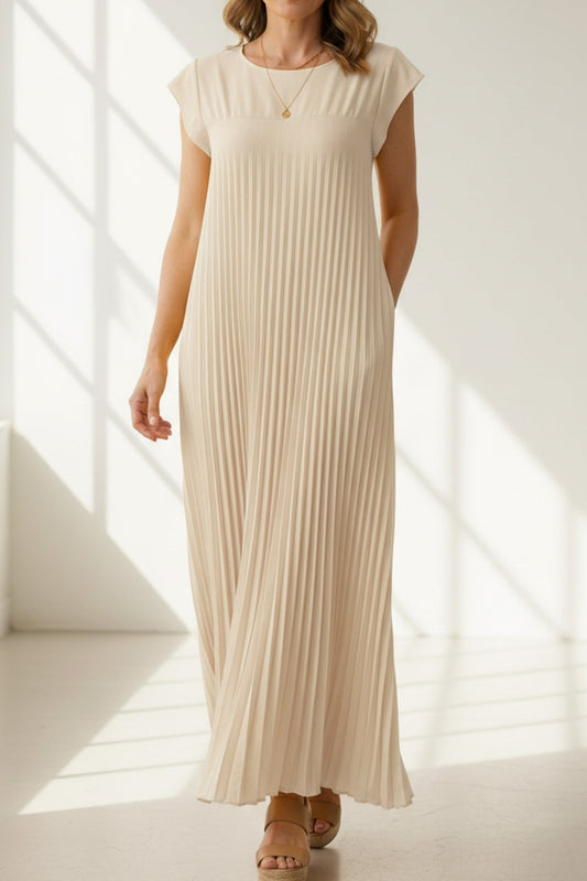 Crew Neck Cap Sleeve Pleated Dress