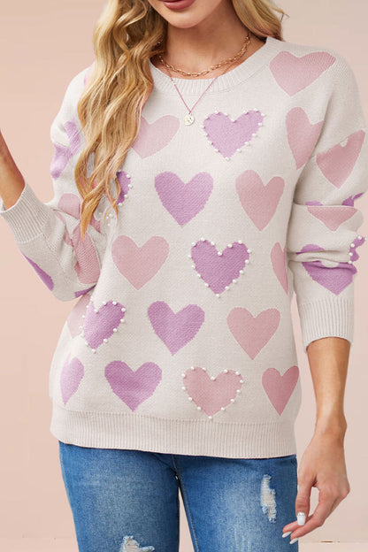 Crew Neck Beaded Heart Pullover Knit Sweater