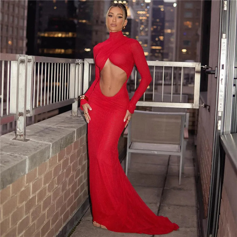 Elegant Cut Out Maxi Dress Party Club Long Sleeve Ruched Party Dress