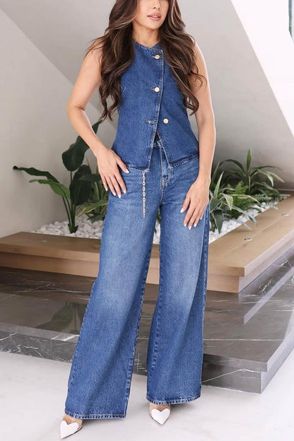 Denim Tank Top Wide Leg Jeans Set