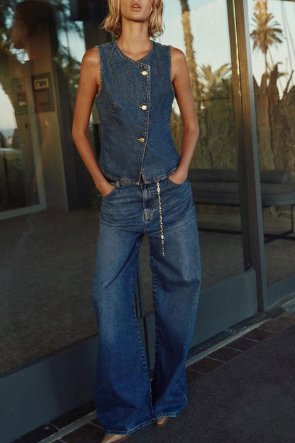 Denim Tank Top Wide Leg Jeans Set