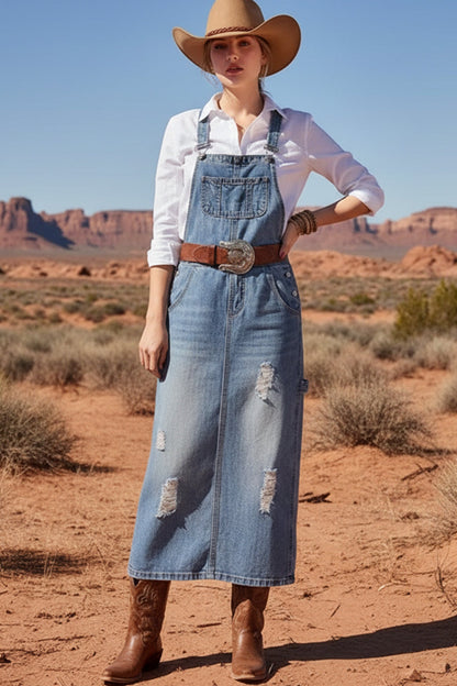 Distress Denim Overall Dress