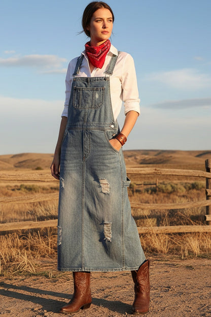 Distress Denim Overall Dress