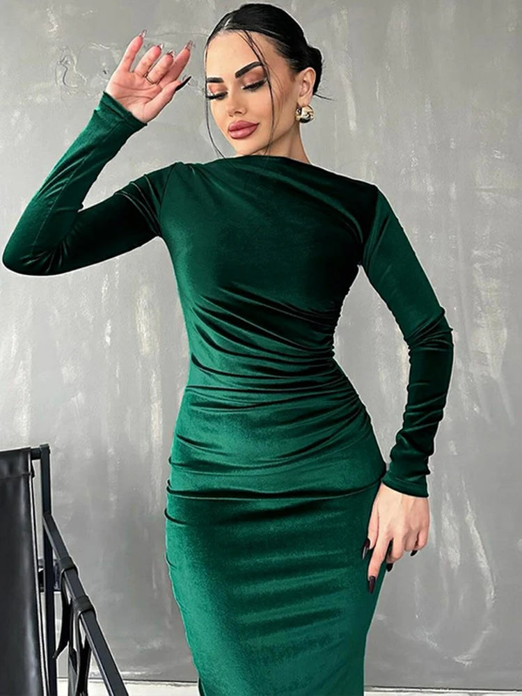 Velvet Long Sleeve Midi Dress - Elegant Party Clothes for Party
