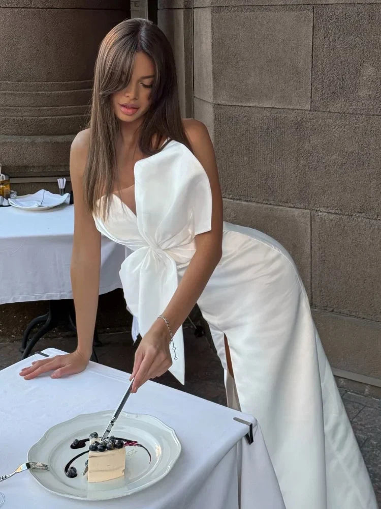 Elegant Large Bow Tie Sling High Slit Chic Off Party Dress
