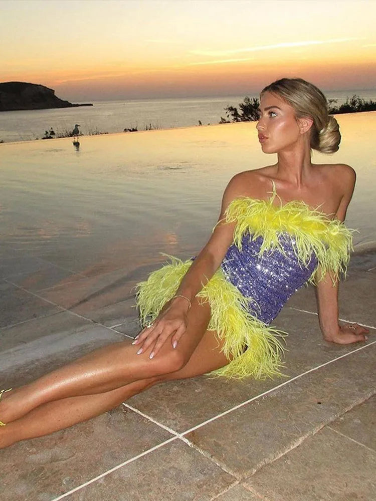 Feather Sequins Bodycon Mini Party Dress