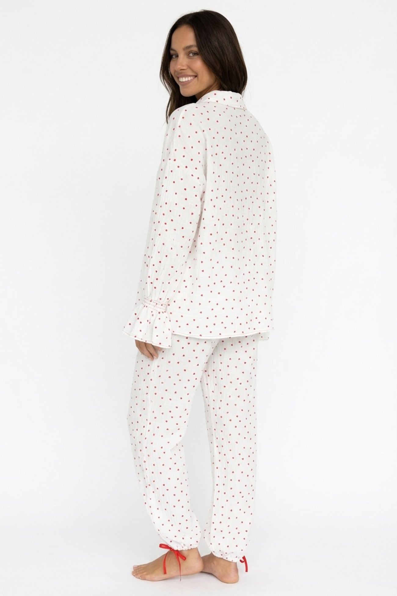 Flare Sleeve Heart Print Bow Tie Cotton Three-piece Set
