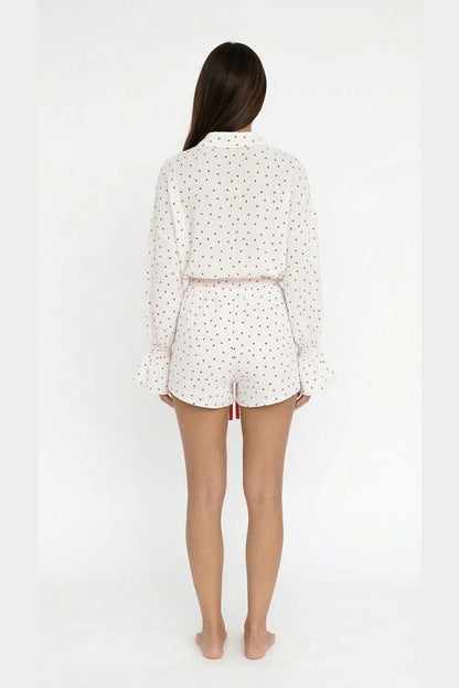 Flare Sleeve Heart Print Bow Tie Cotton Three-piece Set