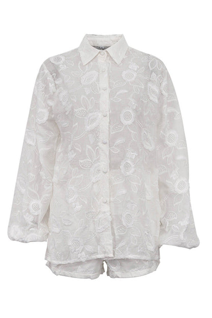 Floral Embroidery Long Sleeve Shirt Suits