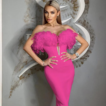 Feather Off-Shoulder Midi Party Dress