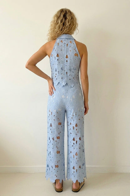 Lapel Hollow Out Lace Vest Pants Set