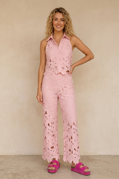 Lapel Hollow Out Lace Vest Pants Set