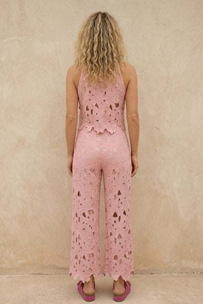 Lapel Hollow Out Lace Vest Pants Set