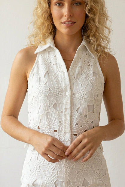 Lapel Hollow Out Lace Vest Pants Set