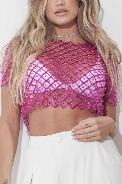 Mesh Beaded Sequin Short Sleeve Tops