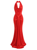 Sexy Backless Sleeveless Halter V-Neck Red Draped Maxi Bodycon Elegant Party Dress