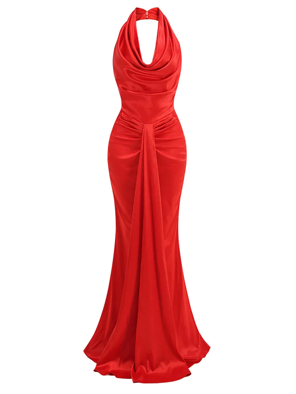 Sexy Backless Sleeveless Halter V-Neck Red Draped Maxi Bodycon Elegant Party Dress
