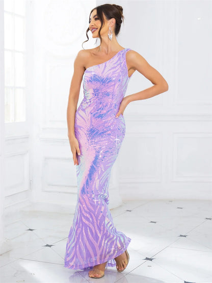 One-Shoulder Stretch Sequined Party Dress