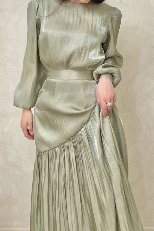 Pleated Tie Waist Long Sleeve Maxi Dress