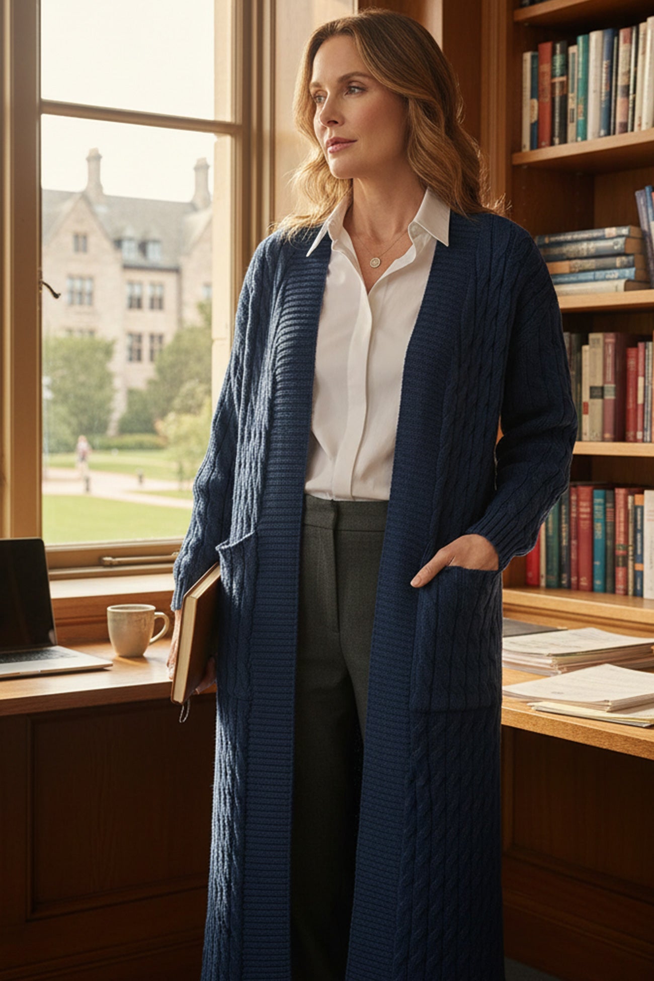 Pocketed Cable Knit Long Cardigan